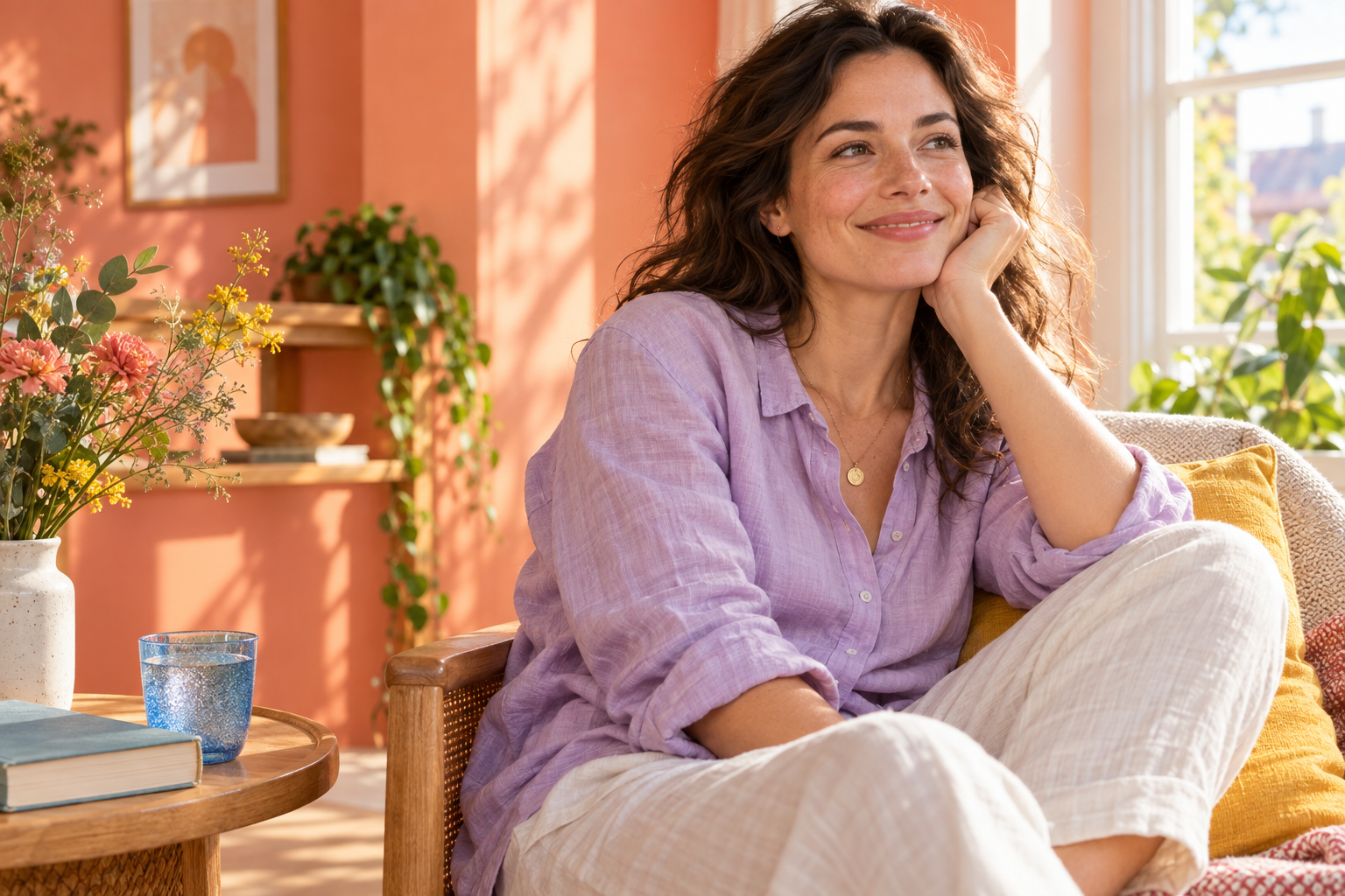A woman enjoying a quiet moment at home